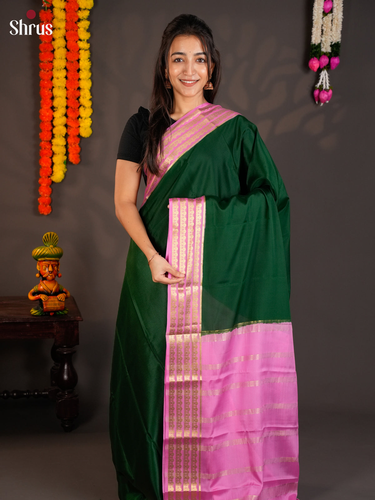 Classy Green & Pink Mysore Silk Saree with zari striped border-EAS09222