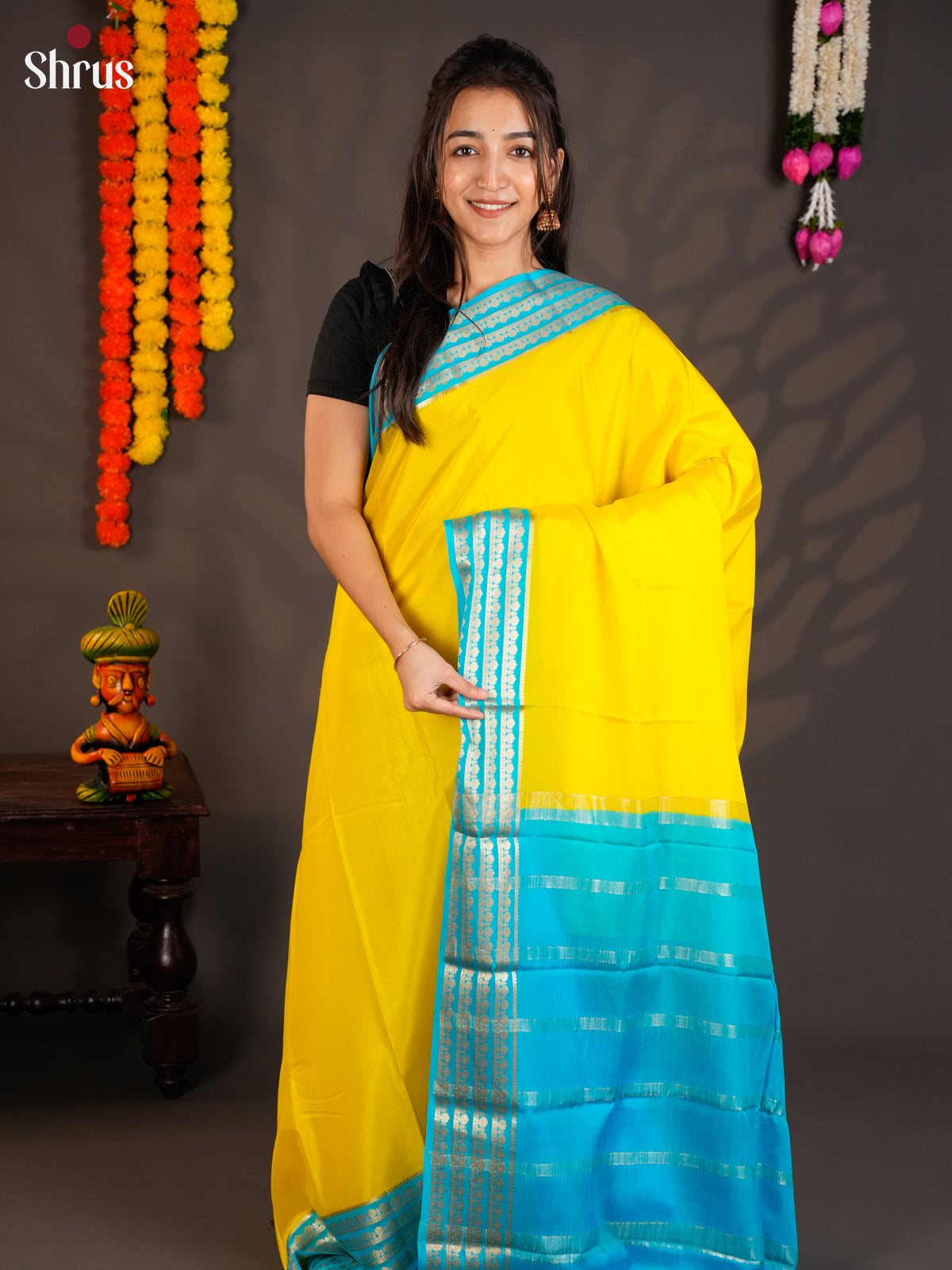Bright Yellow & Blue Mysore Silk Saree with zari striped border- EAS09223