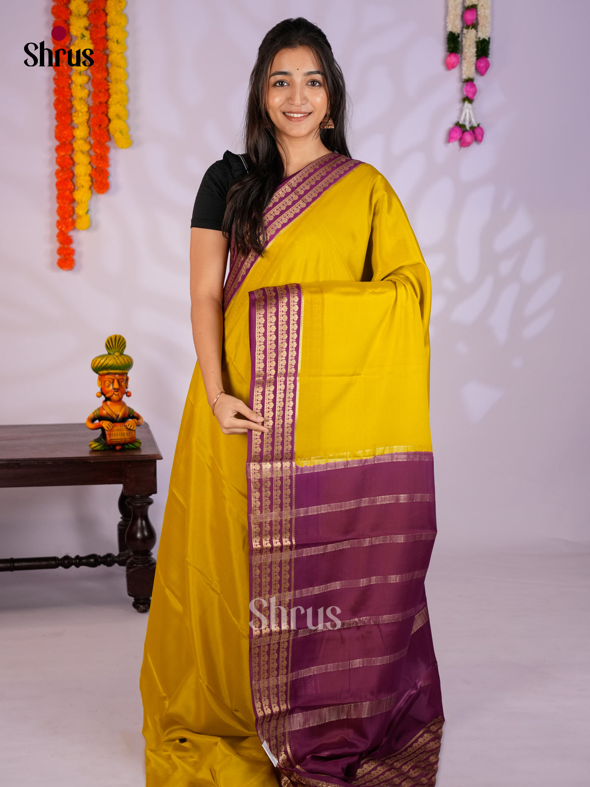 Lustrous Mustardy Green And Purple Mysore Silk Saree with zari striped border -EAS09226