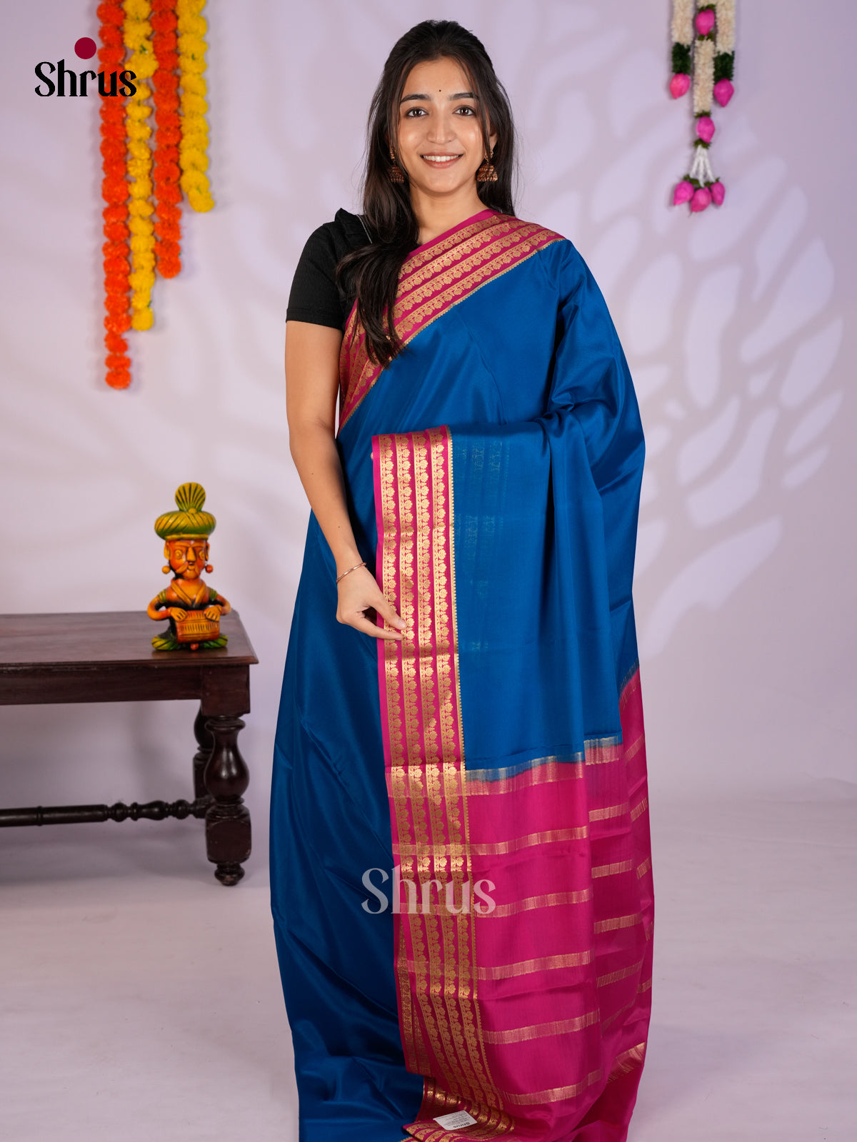 Vibrant Blue & Pink Mysore Silk Saree with gold zari border -EAS09227