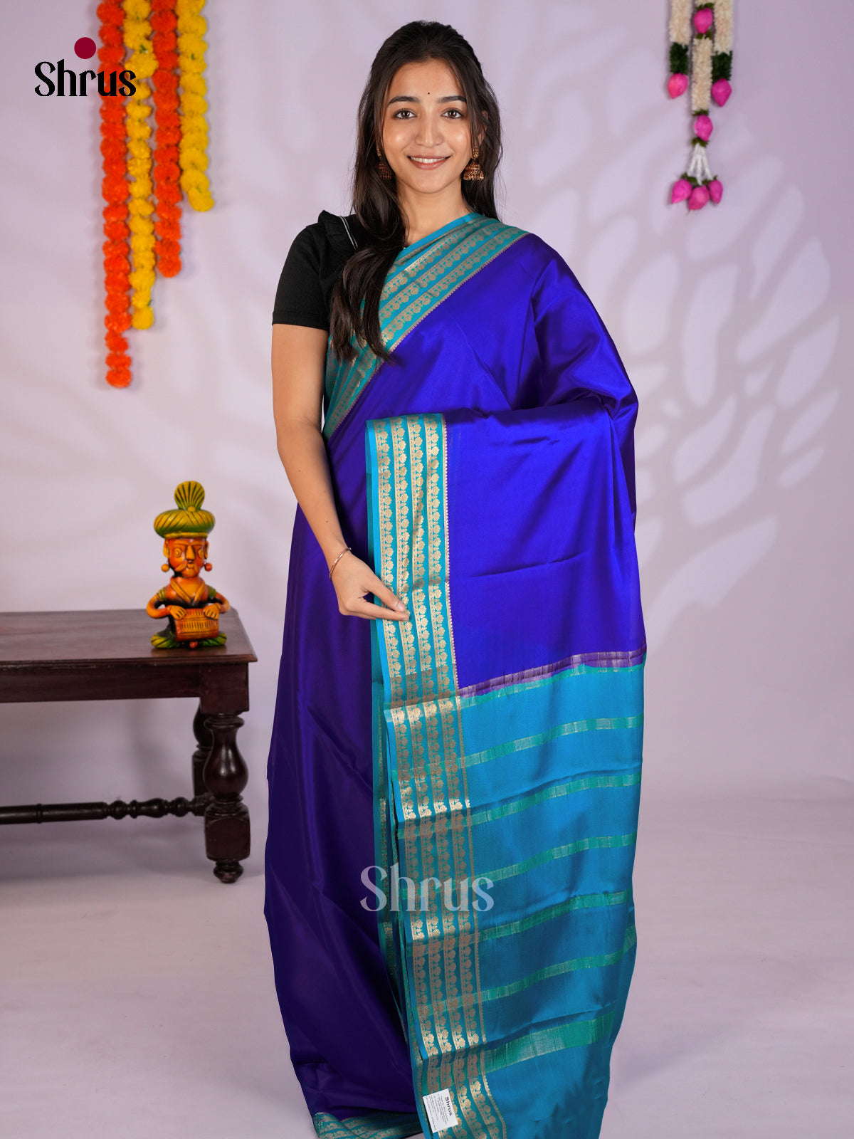 Royal Blue & Blue Mysore Silk Saree with contrast zari striped border - EAS09228