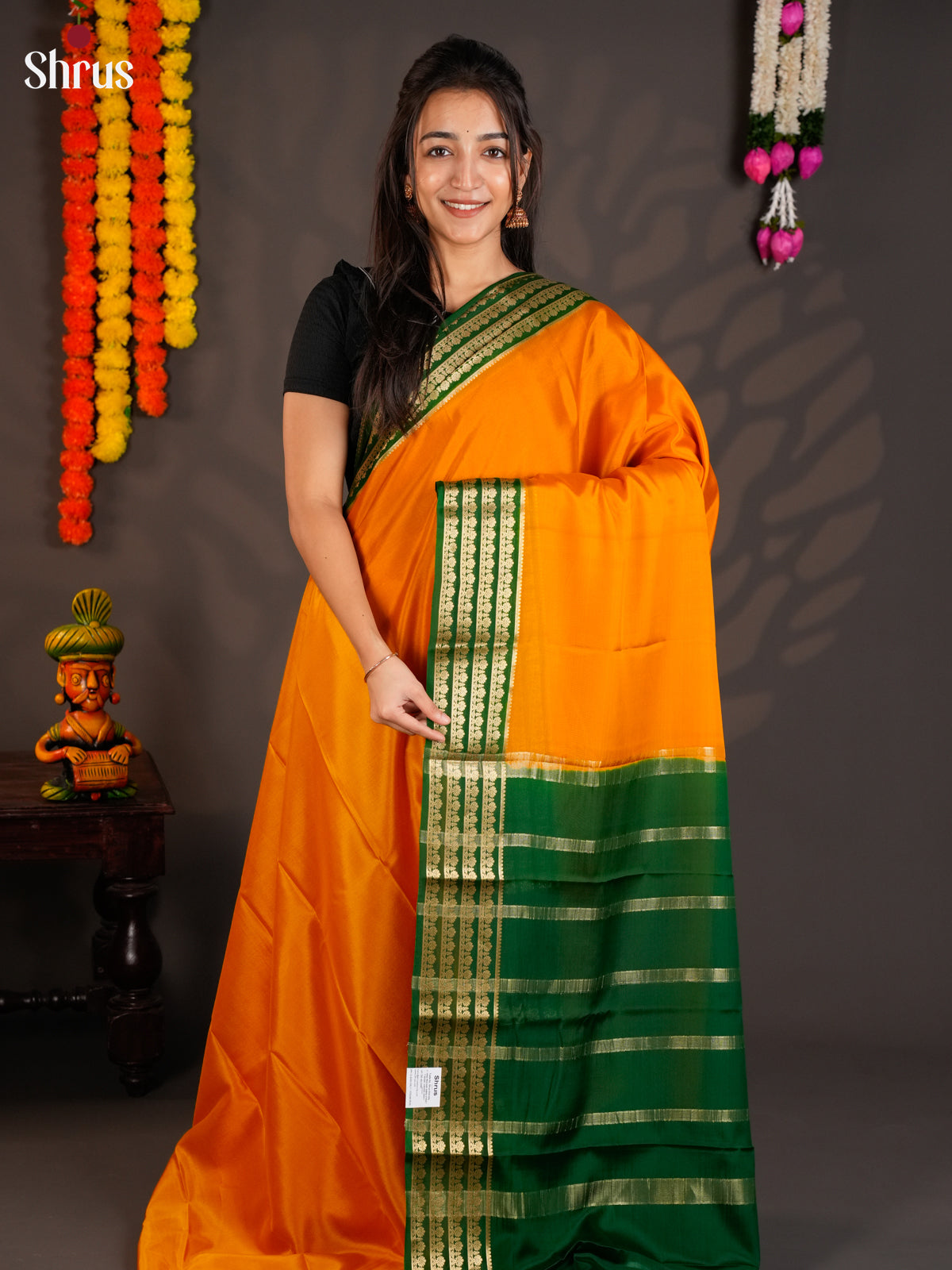 Beautiful orange & Green Mysore Silk Saree with zari border -EAS09229