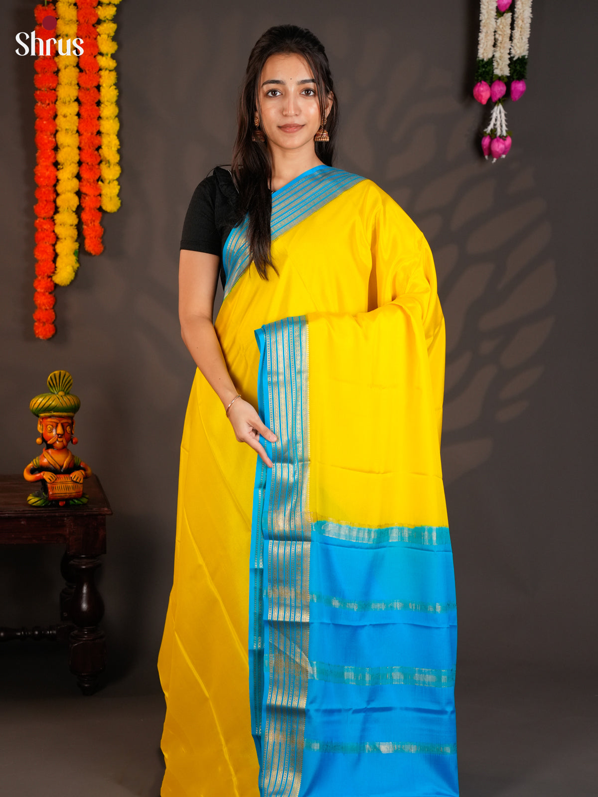 Glorious Yellow & Blue Mysore Silk Saree with gold zari striped border -EAS09230
