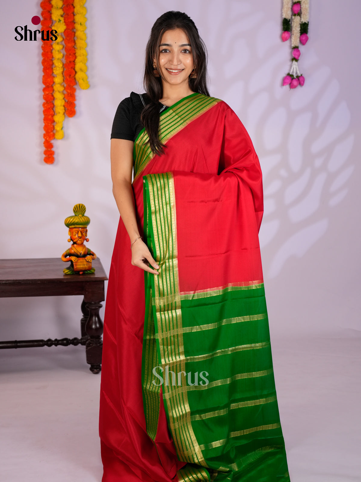 Pretty Red & Green Mysore Silk Saree with gold zari striped border - EAS09235