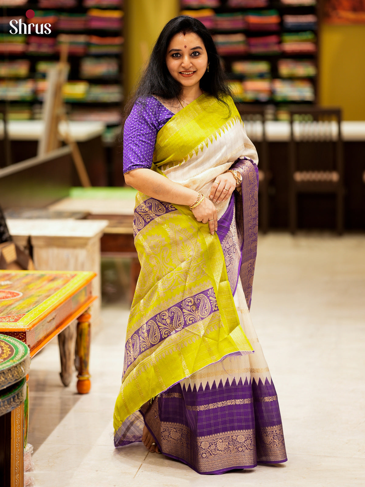 Cream & Violet- Semi Crepe Saree -EAS10042 - Shop on Shrus.com