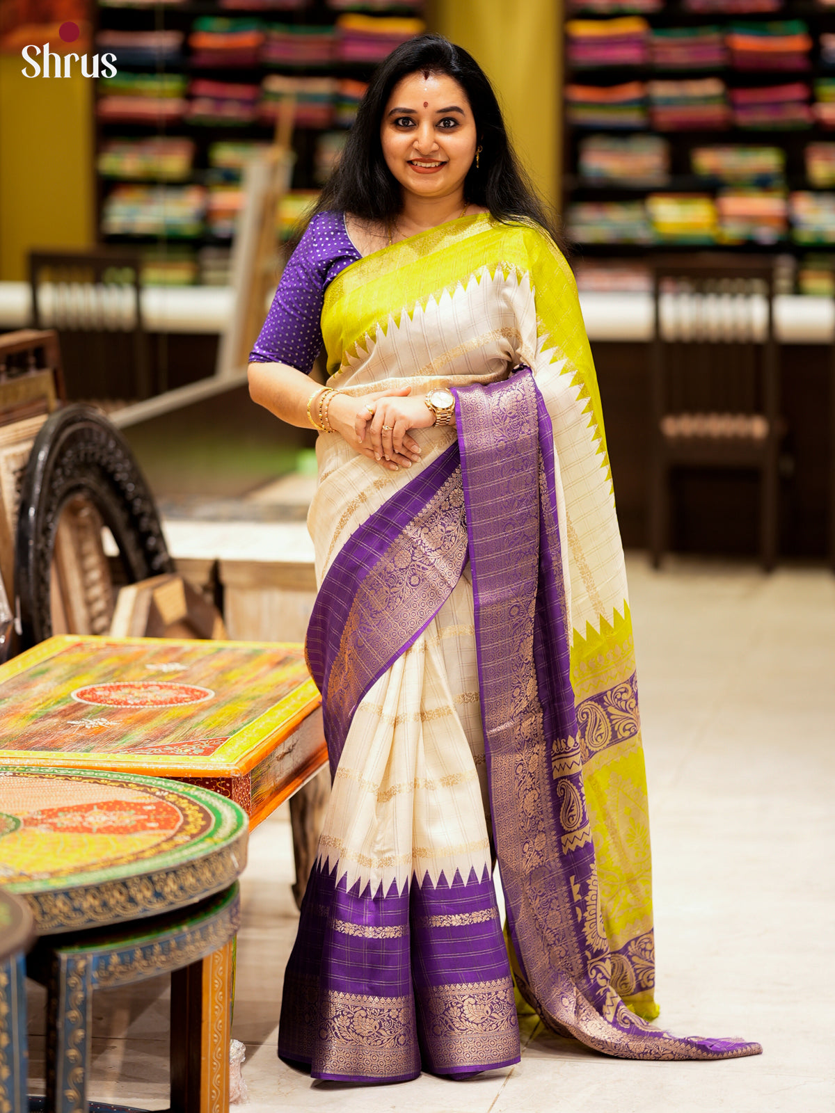 Cream & Violet- Semi Crepe Saree -EAS10042 - Shop on Shrus.com