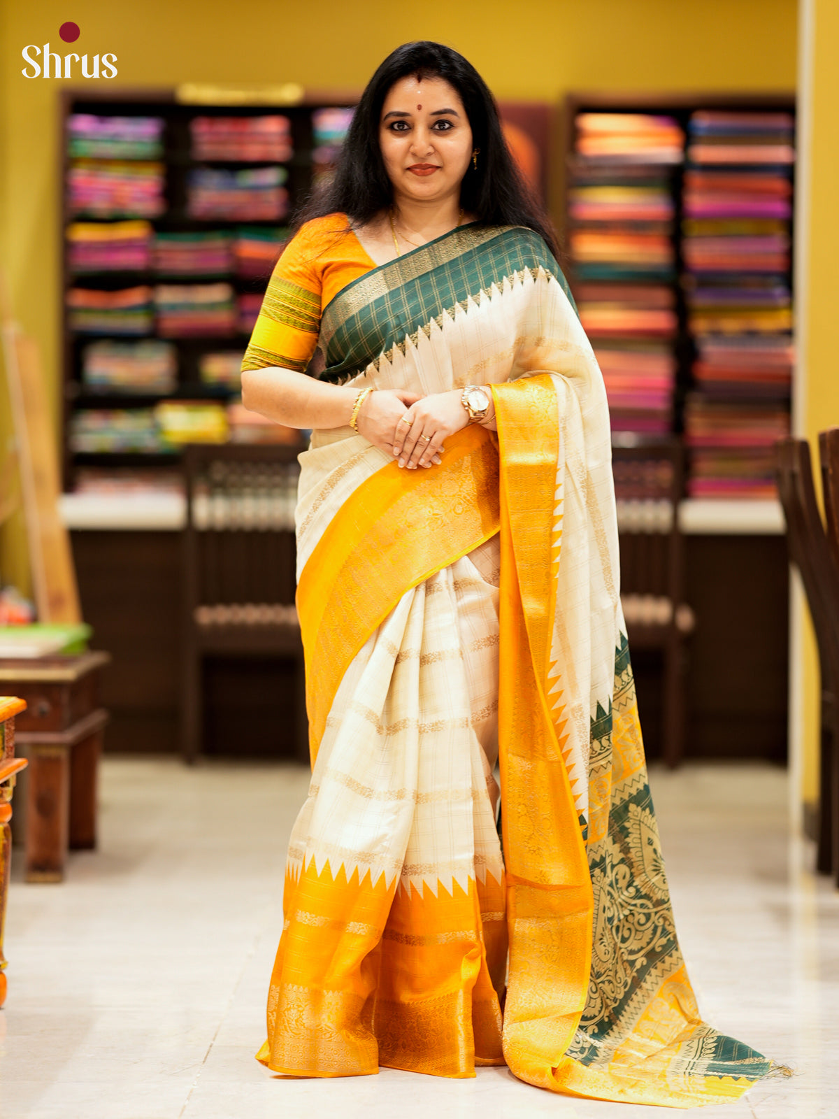 Cream & Mustard- Semi Crepe Saree -EAS10043 - Shop on Shrus.com