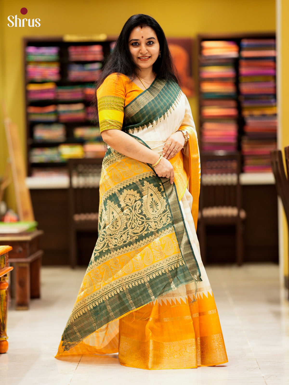 Cream & Mustard- Semi Crepe Saree -EAS10043 - Shop on Shrus.com