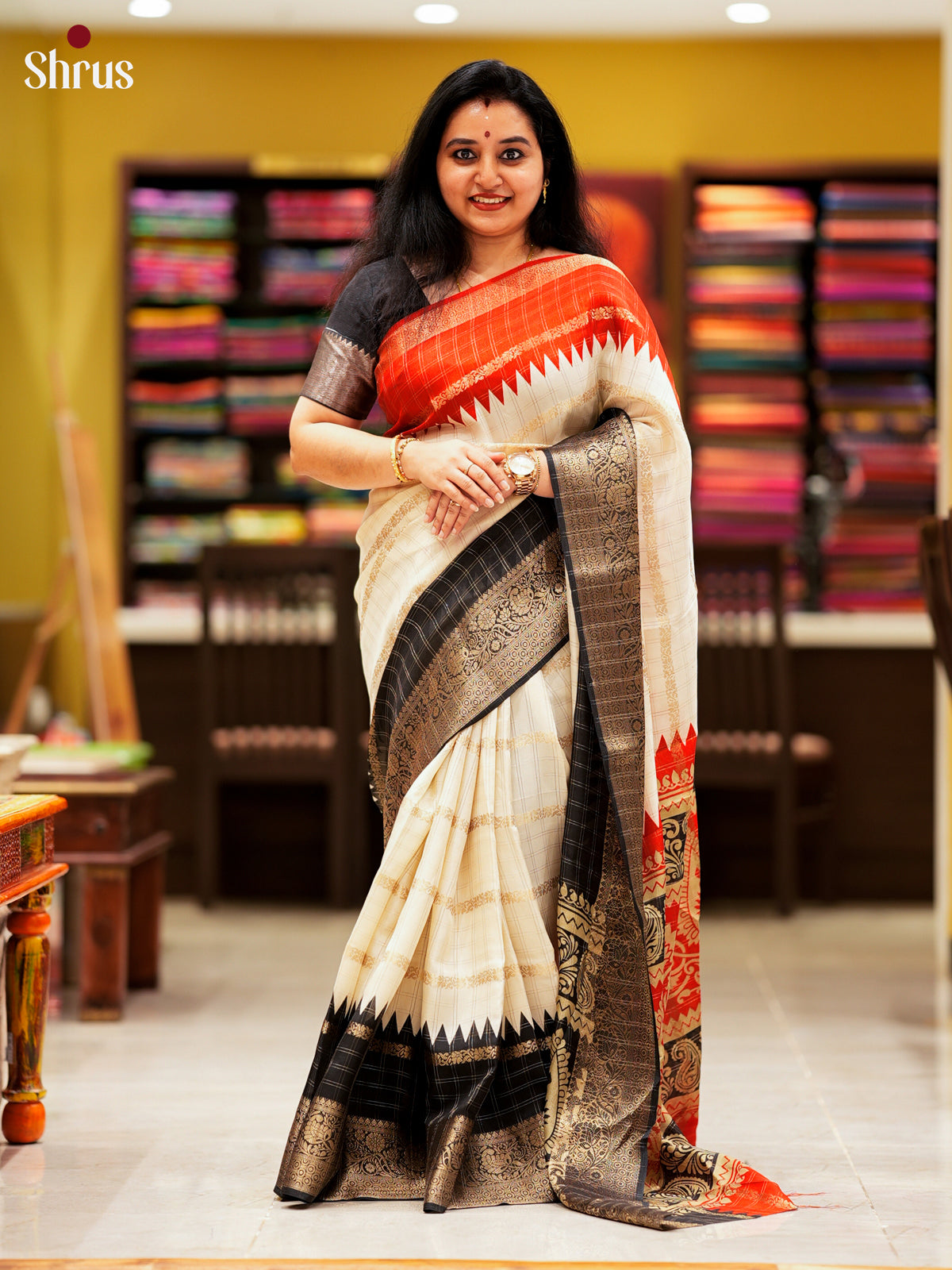 Cream & Black - Semi Crepe Saree-EAS10045 - Shop on Shrus.com