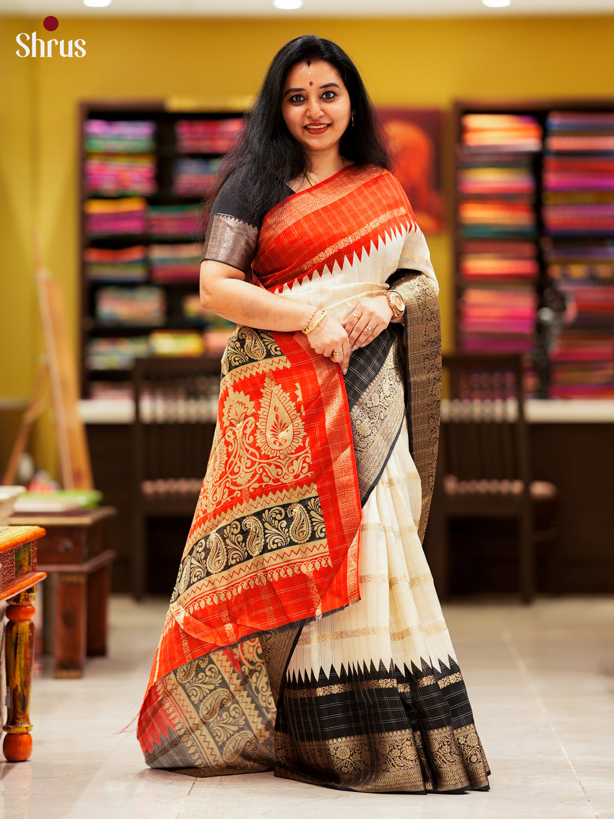 Cream & Black - Semi Crepe Saree-EAS10045 - Shop on Shrus.com