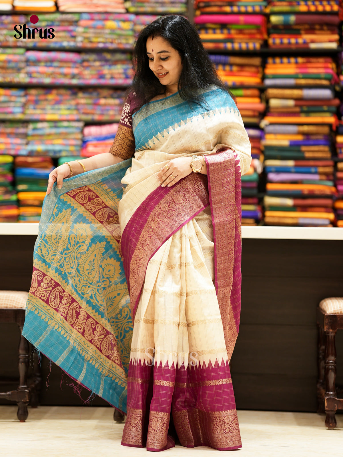 Cream & Purple -EAS10046 - Semi Crepe Saree - Shop on Shrus.com