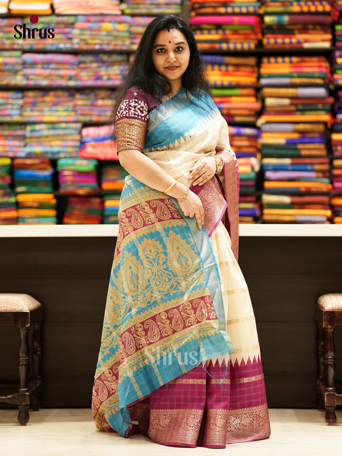 Cream & Purple -EAS10046 - Semi Crepe Saree - Shop on Shrus.com
