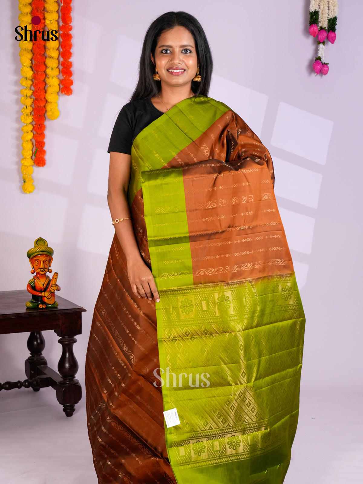 Brown & Light Green - EAS10180 - Softsilk-halfpure Saree - Shop on Shrus.com