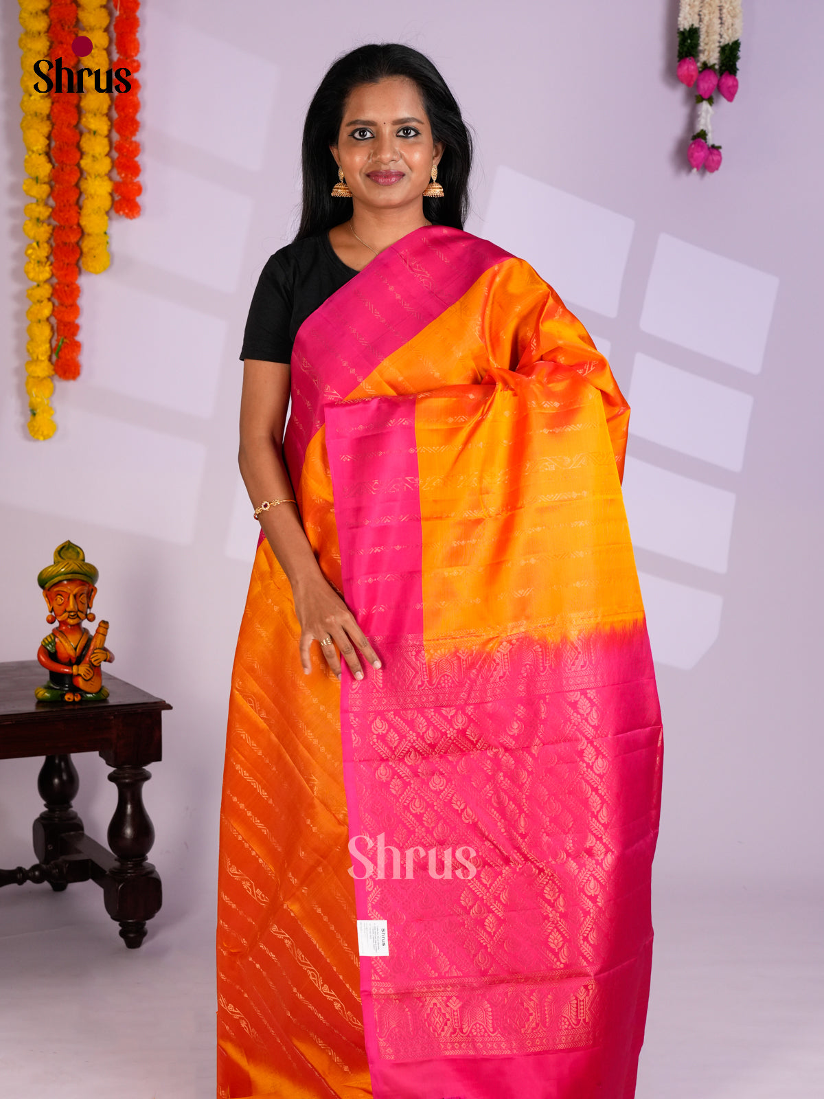 Mustardy Orange & Pink - Softsilk-halfpure Saree- EAS10181 - Shop on Shrus.com
