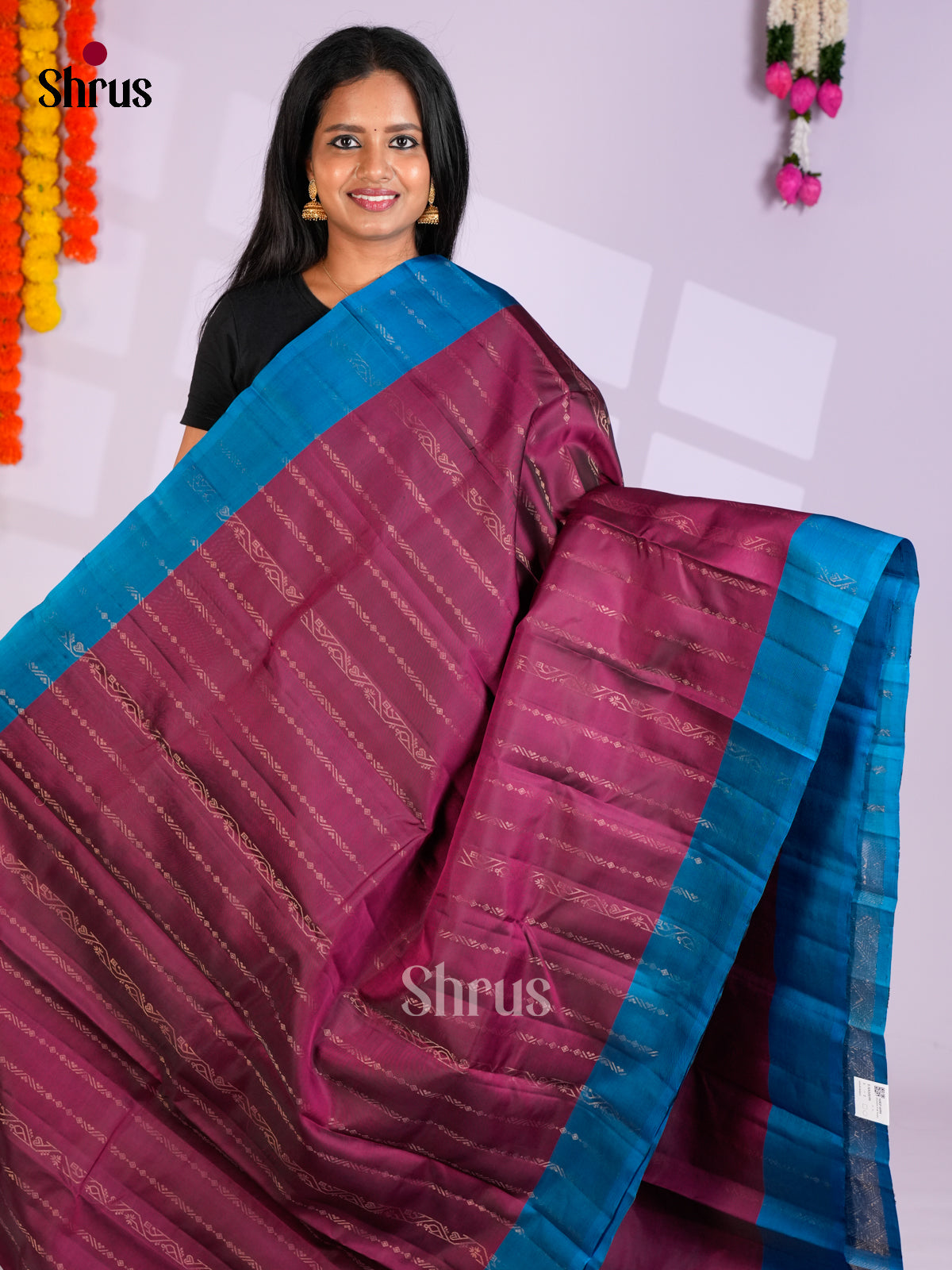 Wine & Blue- Softsilk-halfpure Saree - EAS10199 - Shop on Shrus.com