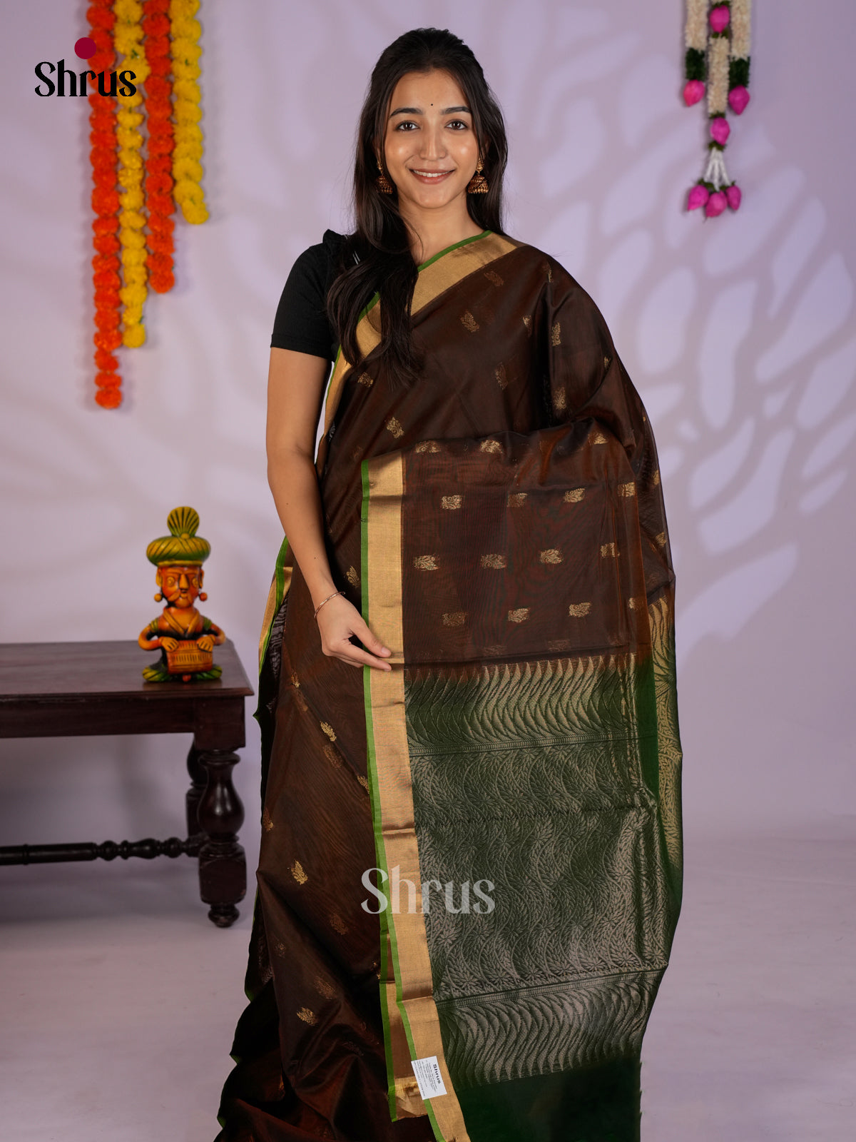 Brown & Green- Timeless Silk Cotton Saree - EAS12021
