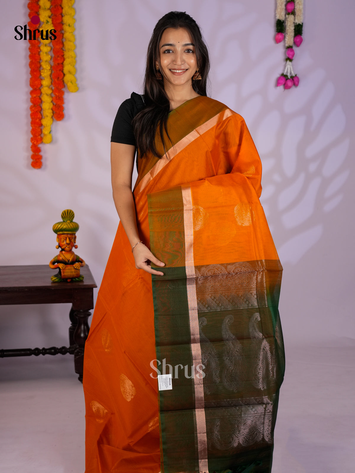 Orange & Green - Timeless Silk Cotton Saree- EAS12043