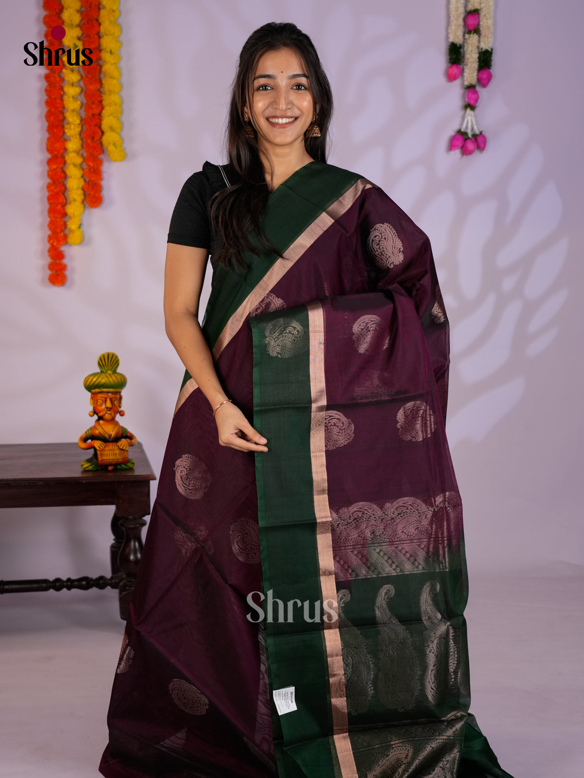 Wine & Green - Timeless Silk Cotton Saree - EAS12046