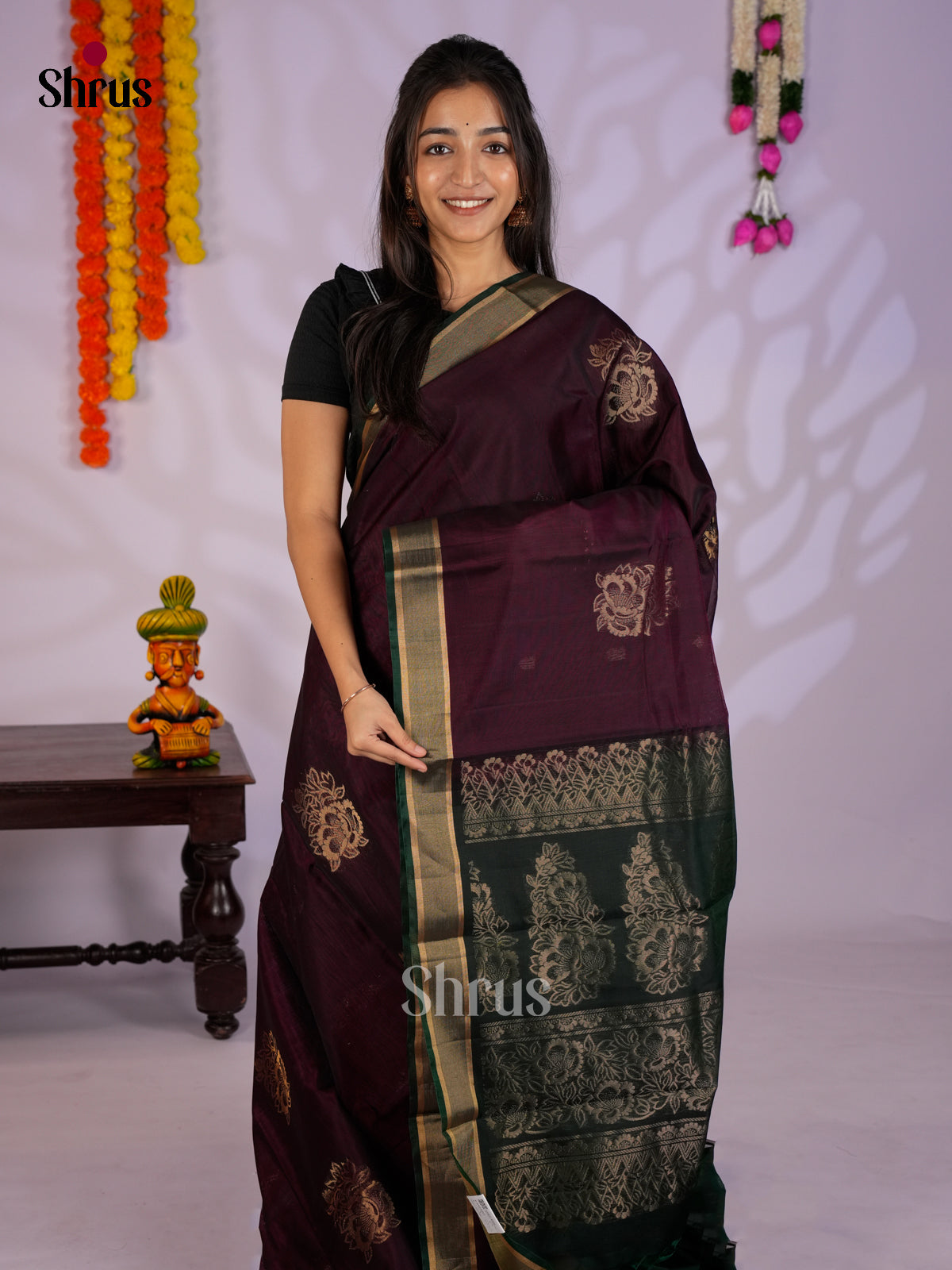 Wine & Green- Timeless Silk Cotton Saree - EAS12057