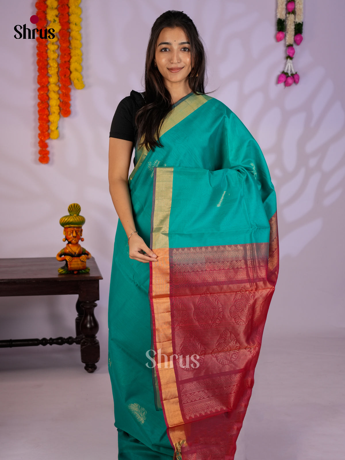 Teal & Red - Timeless Silk Cotton Saree-EAS12059