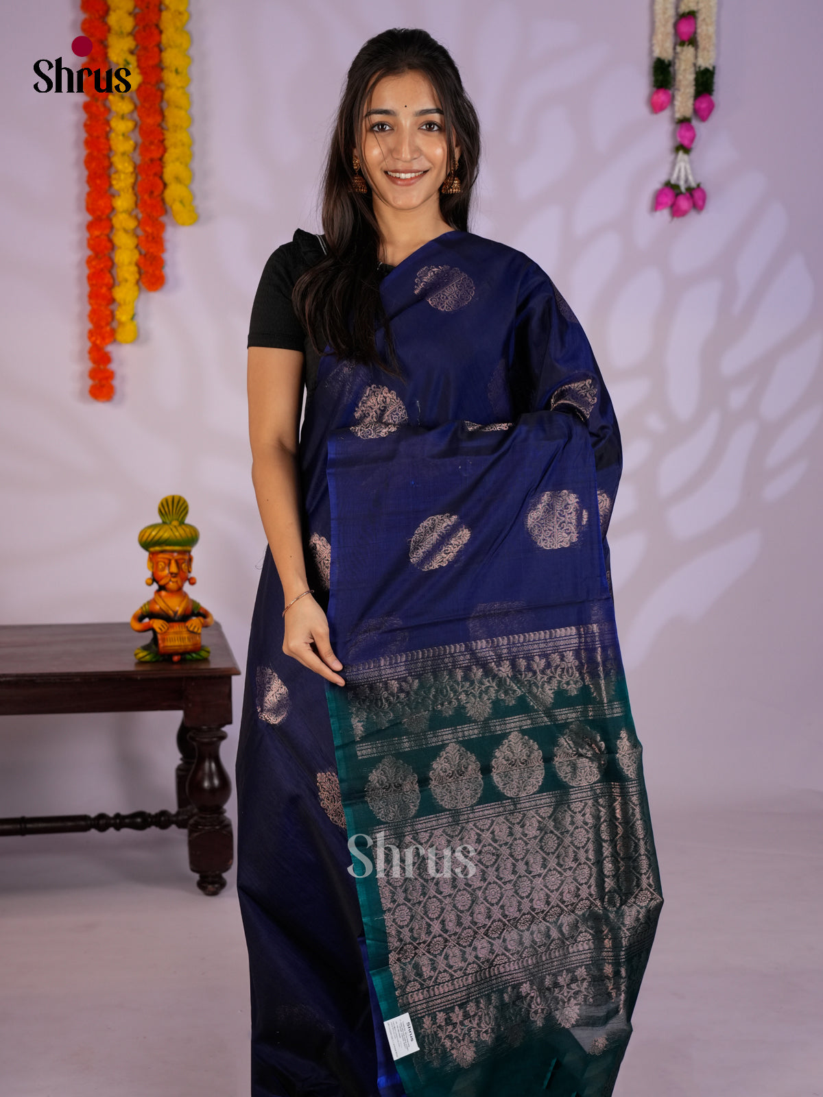 Blue & Peacock Green - Timeless Silk Cotton Saree - EAS12068