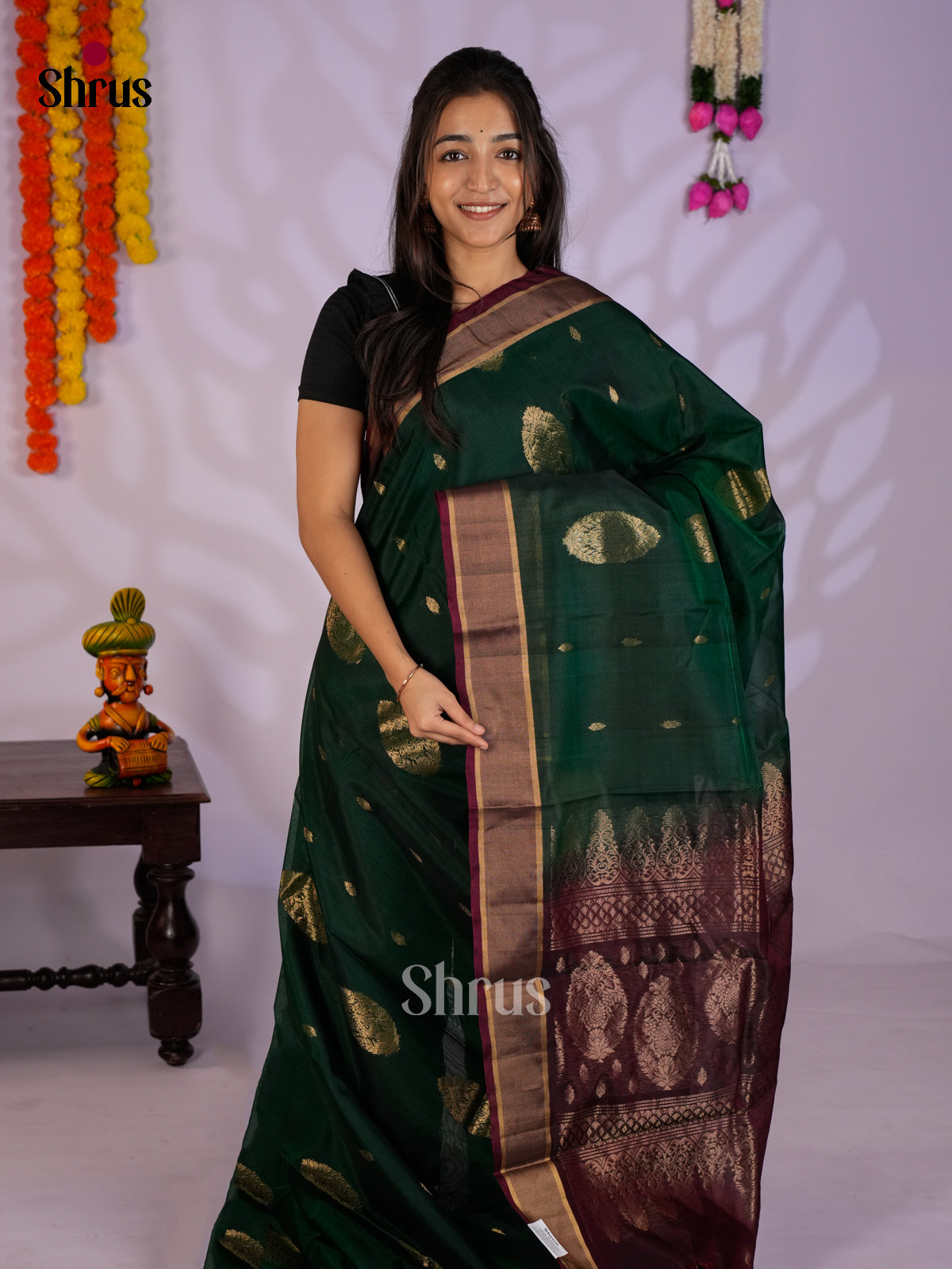 Green & maroon - Timeless Silk Cotton Saree- EAS12069