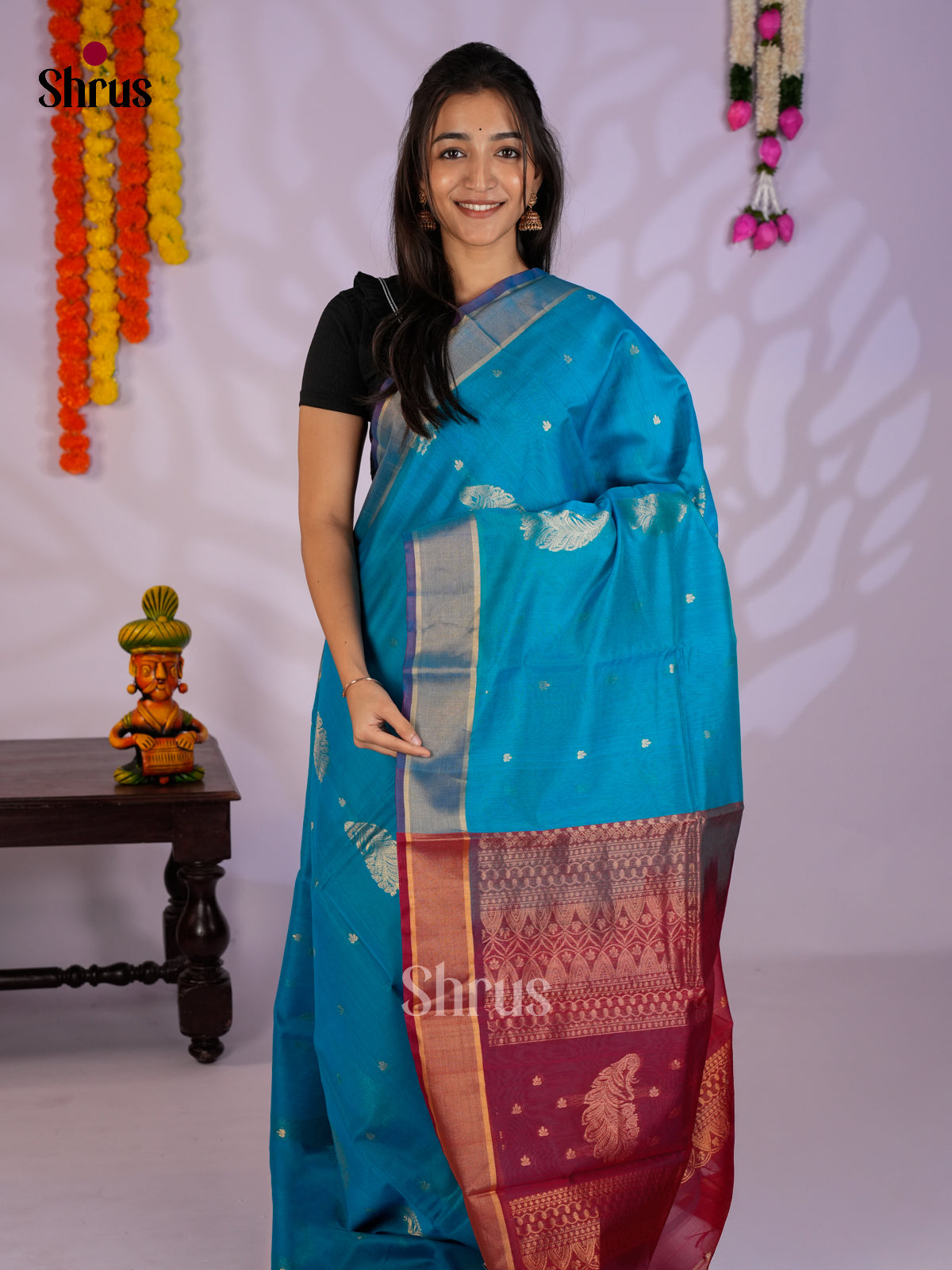 Blue & Red - Timeless Silk Cotton Saree - EAS12072