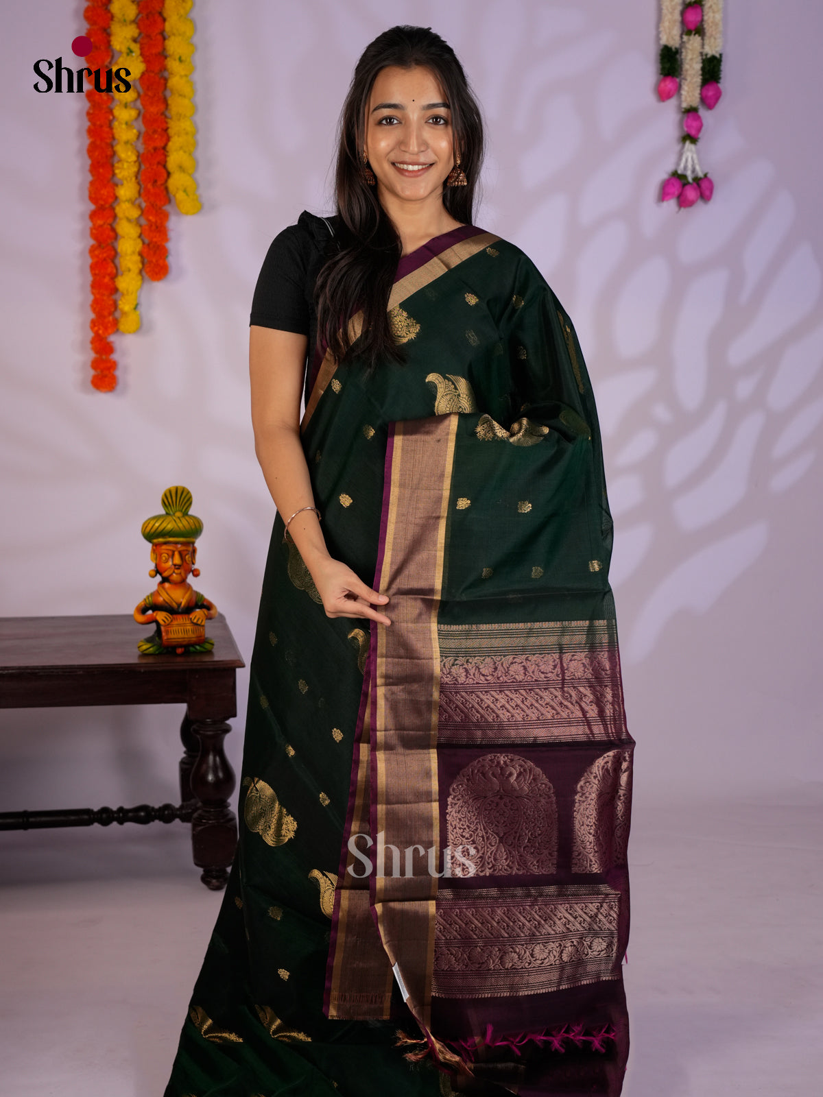 Green & maroon - Timeless Silk Cotton Saree- EAS12076