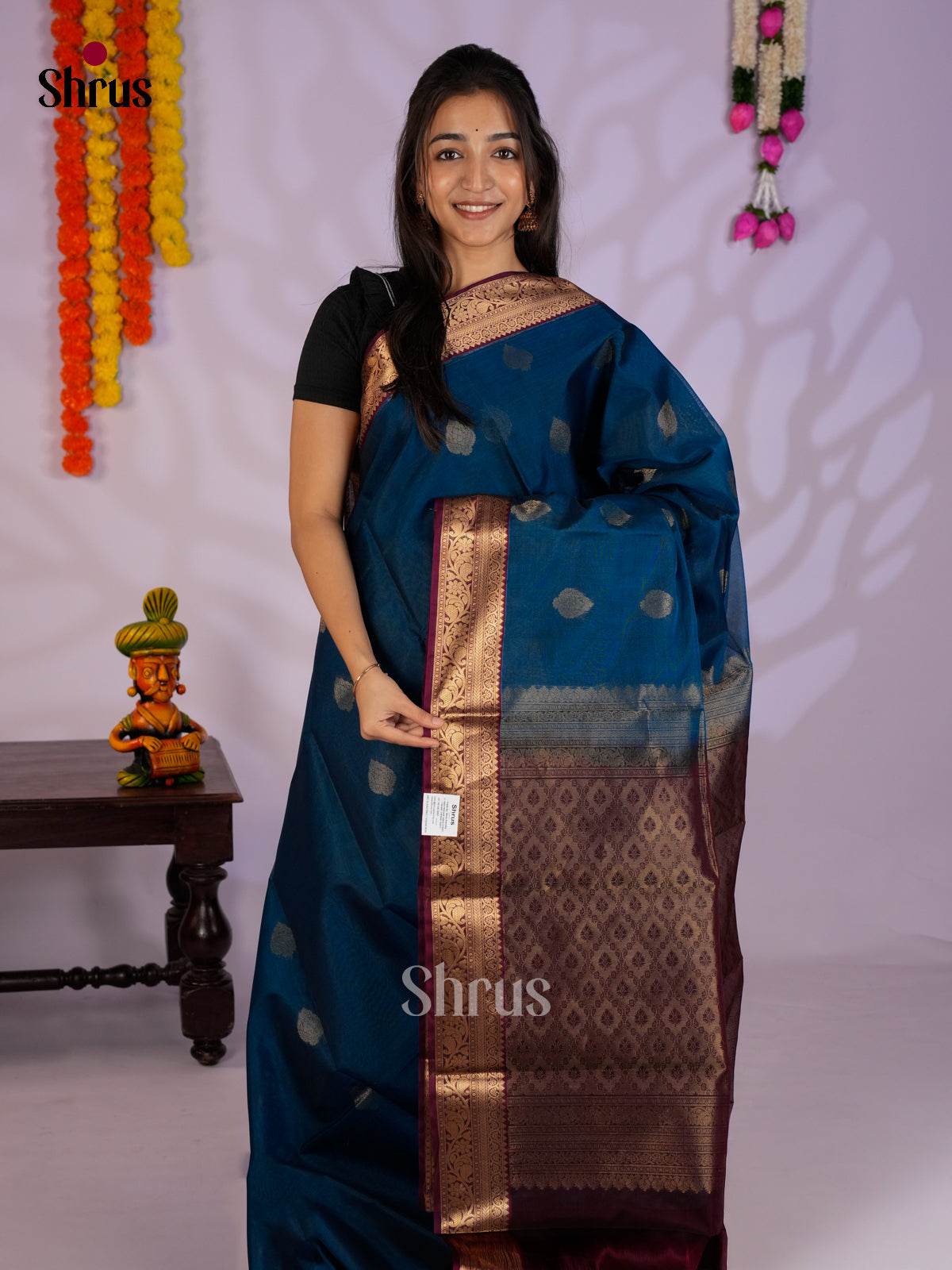 Blue & Maroon - Timeless Silk Cotton Saree - EAS12090