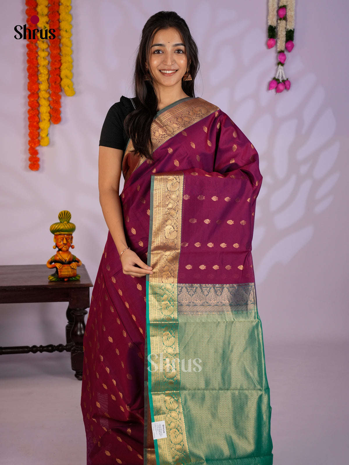 Wine & Green - Timeless Silk Cotton Saree-EAS12103