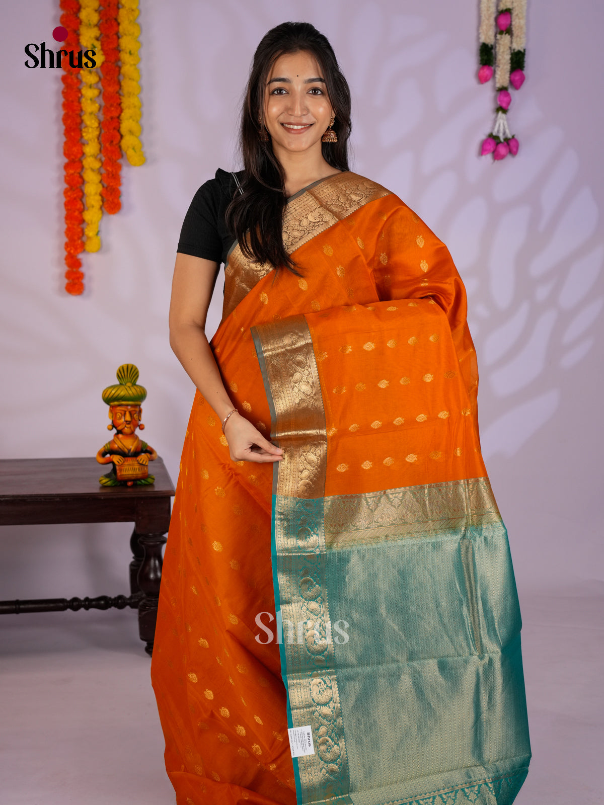 Orange & Green - Timeless Silk Cotton Saree- EAS12105