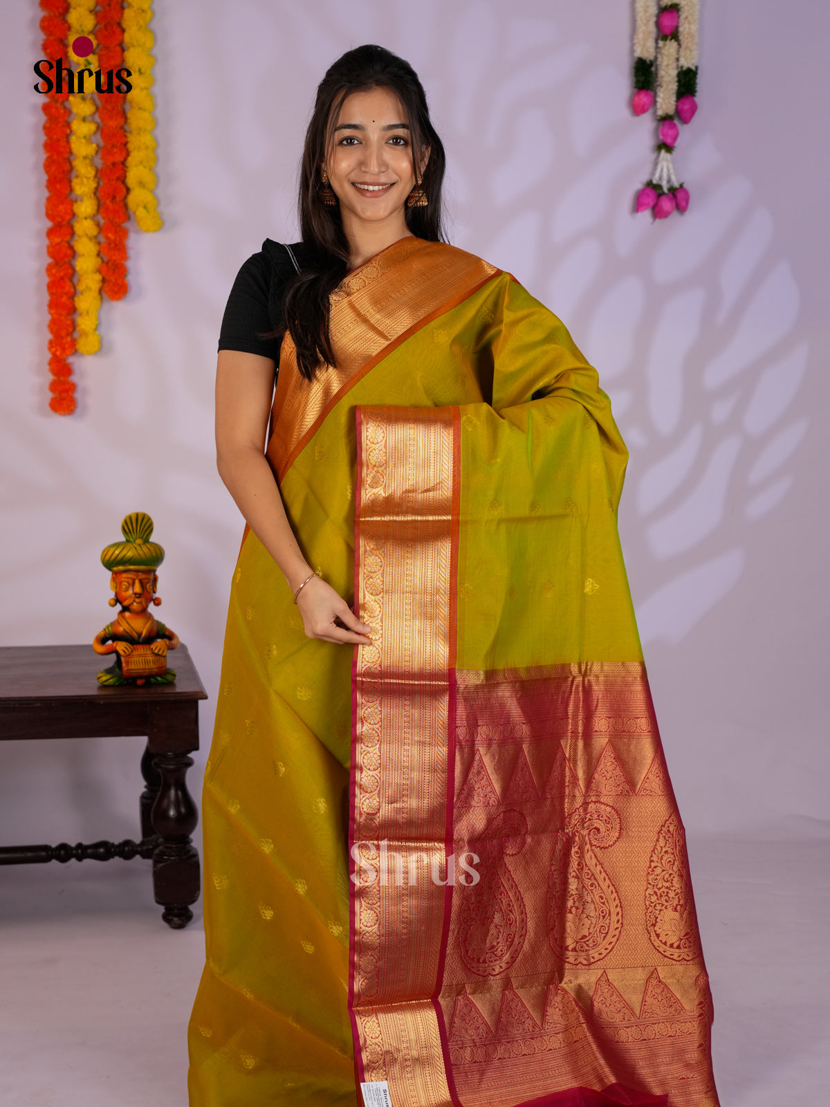 Mustardy Green & Red - Timeless Silk Cotton Saree - EAS12123