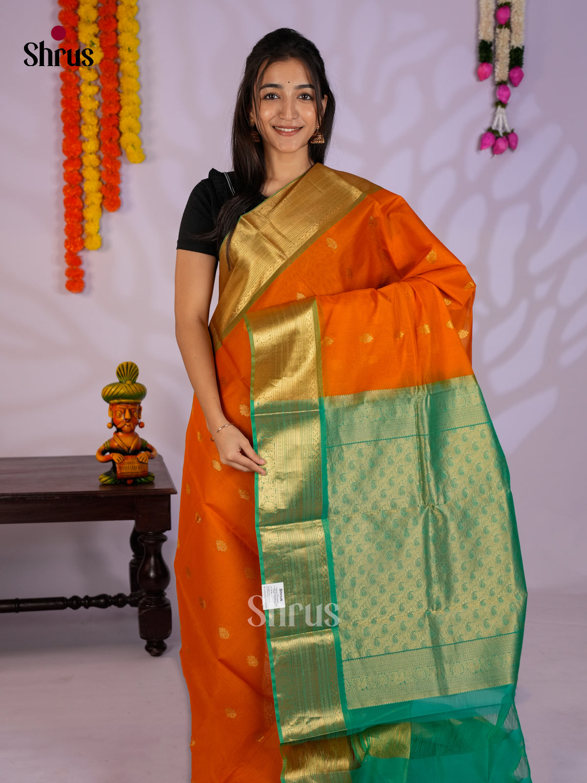 Orange & Green- Timeless Silk Cotton Saree - EAS12129