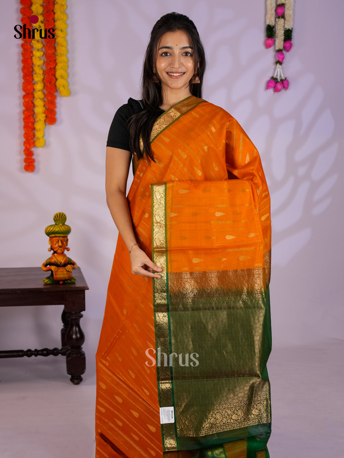 Orange & Green - Timeless Silk Cotton Saree- EAS12134 - Shop on Shrus.com