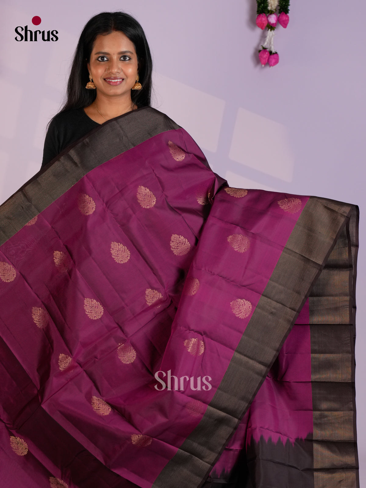 Purple & Brown - Kanchipuram-halfpure Saree-EAS12319 - Shop on Shrus.com