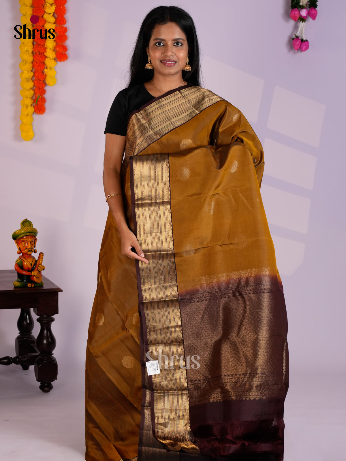 Mustard & Maroon - Kanchipuram-halfpure Saree- EAS12322 - Shop on Shrus.com