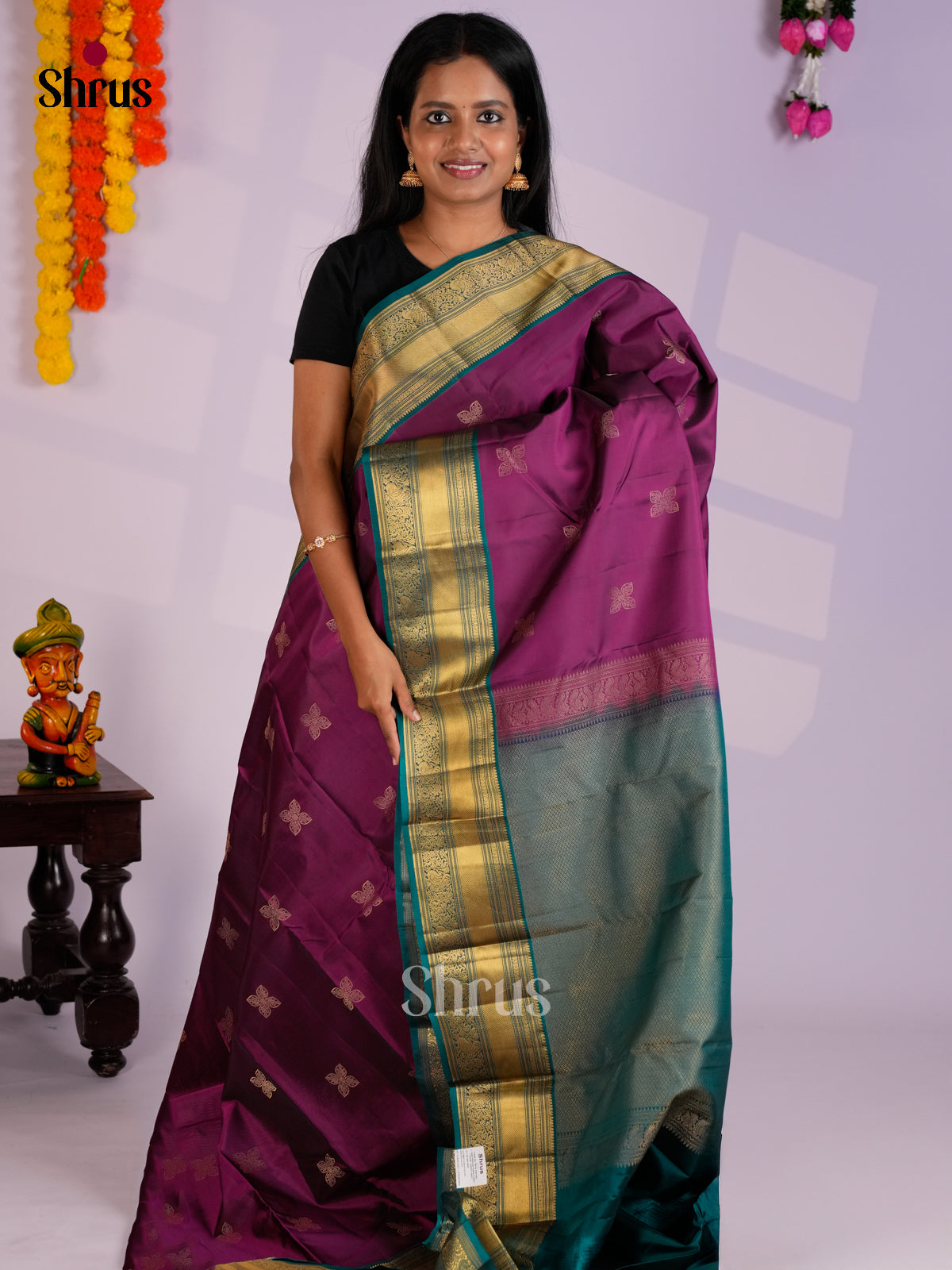 Purple & Peacock Blue - Kanchipuram-halfpure Saree- EAS12326 - Shop on Shrus.com