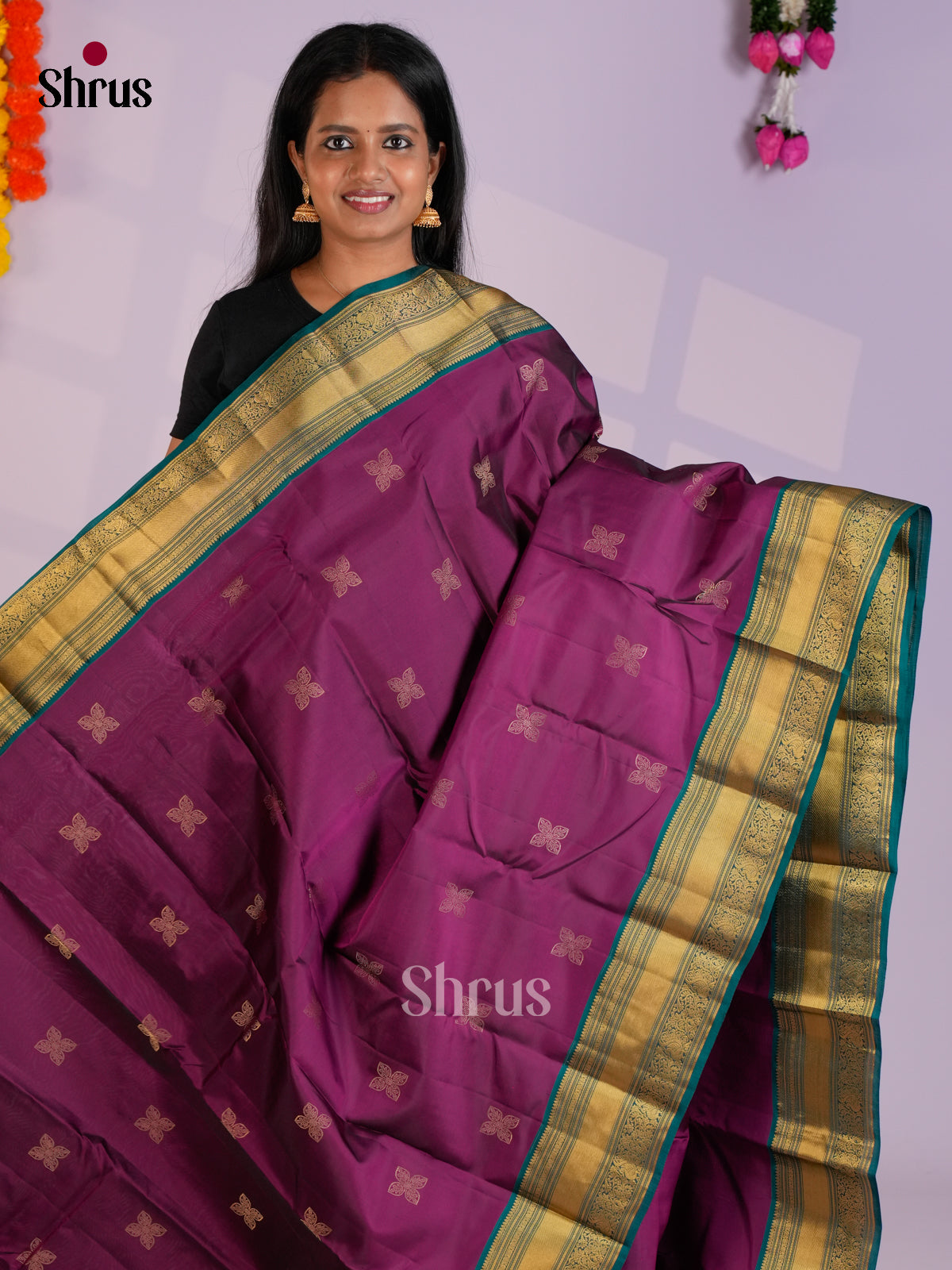 Purple & Peacock Blue - Kanchipuram-halfpure Saree- EAS12326 - Shop on Shrus.com