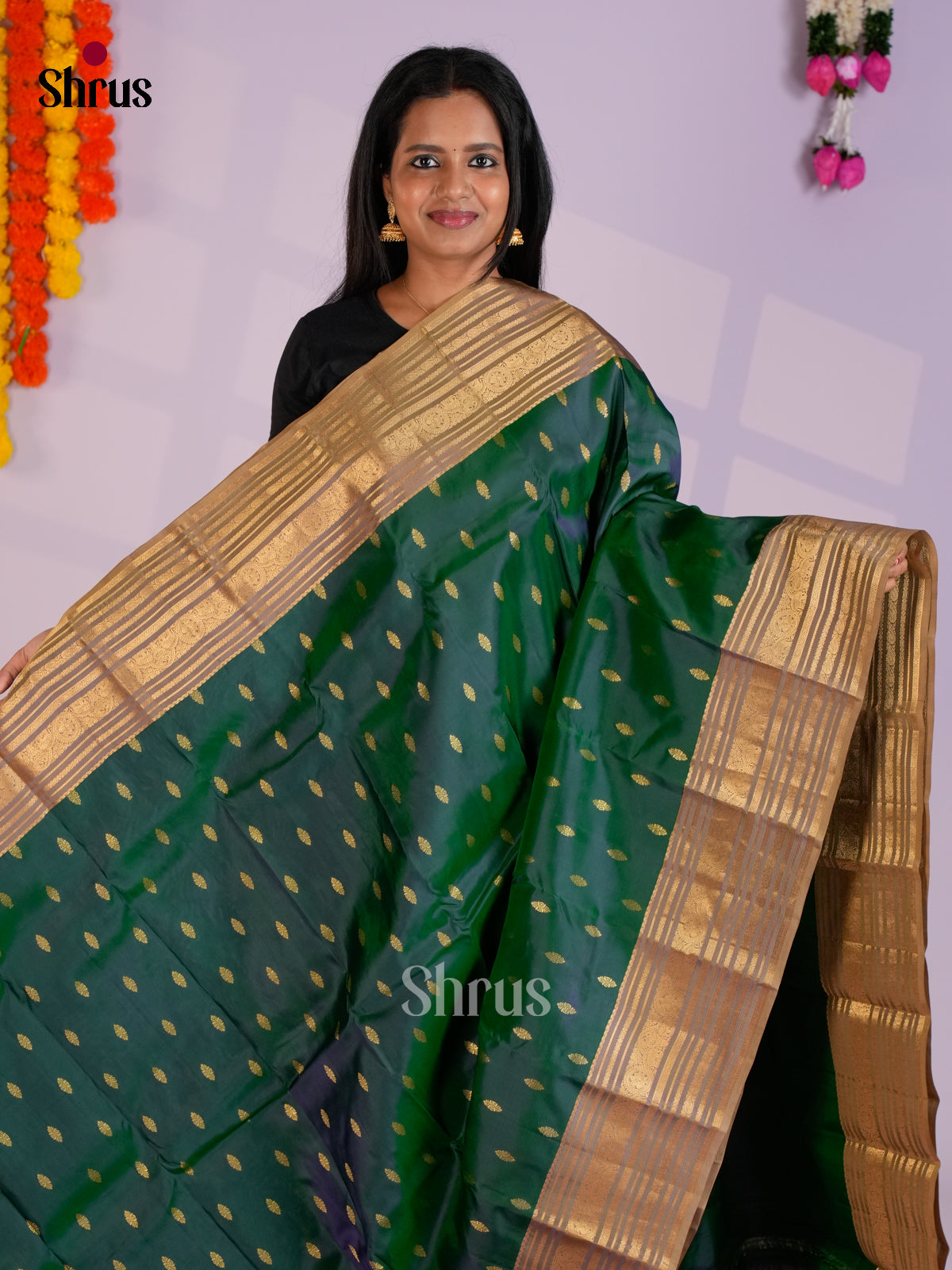 Green & Dusty Brown - Kanchipuram-halfpure Saree- EAS12338 - Shop on Shrus.com