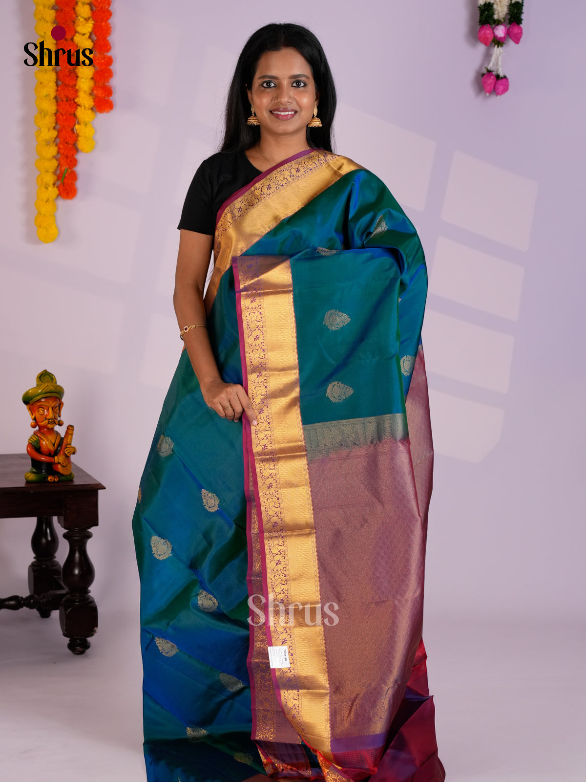Peacock Blue & Purple - Kanchipuram-halfpure Saree- EAS12339 - Shop on Shrus.com