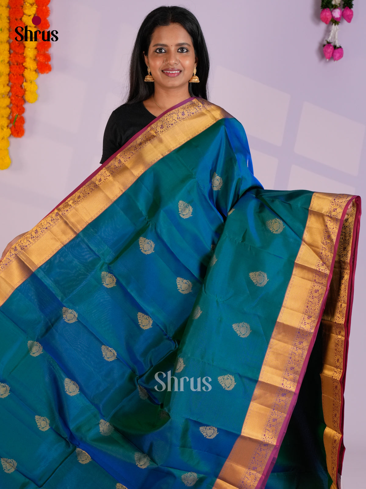 Peacock Blue & Purple - Kanchipuram-halfpure Saree- EAS12339 - Shop on Shrus.com