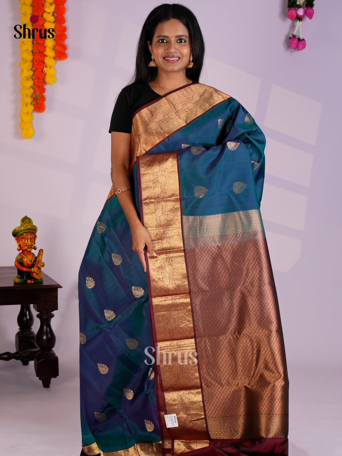Blue & Maroon- Kanchipuram-halfpure Saree - EAS12343 - Shop on Shrus.com