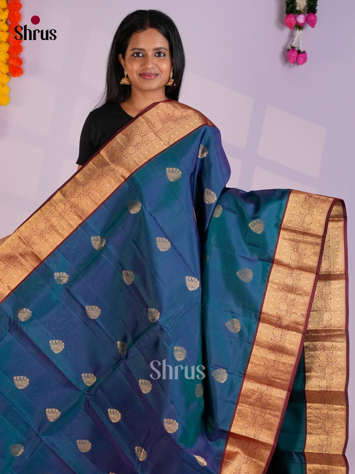 Blue & Maroon- Kanchipuram-halfpure Saree - EAS12343 - Shop on Shrus.com