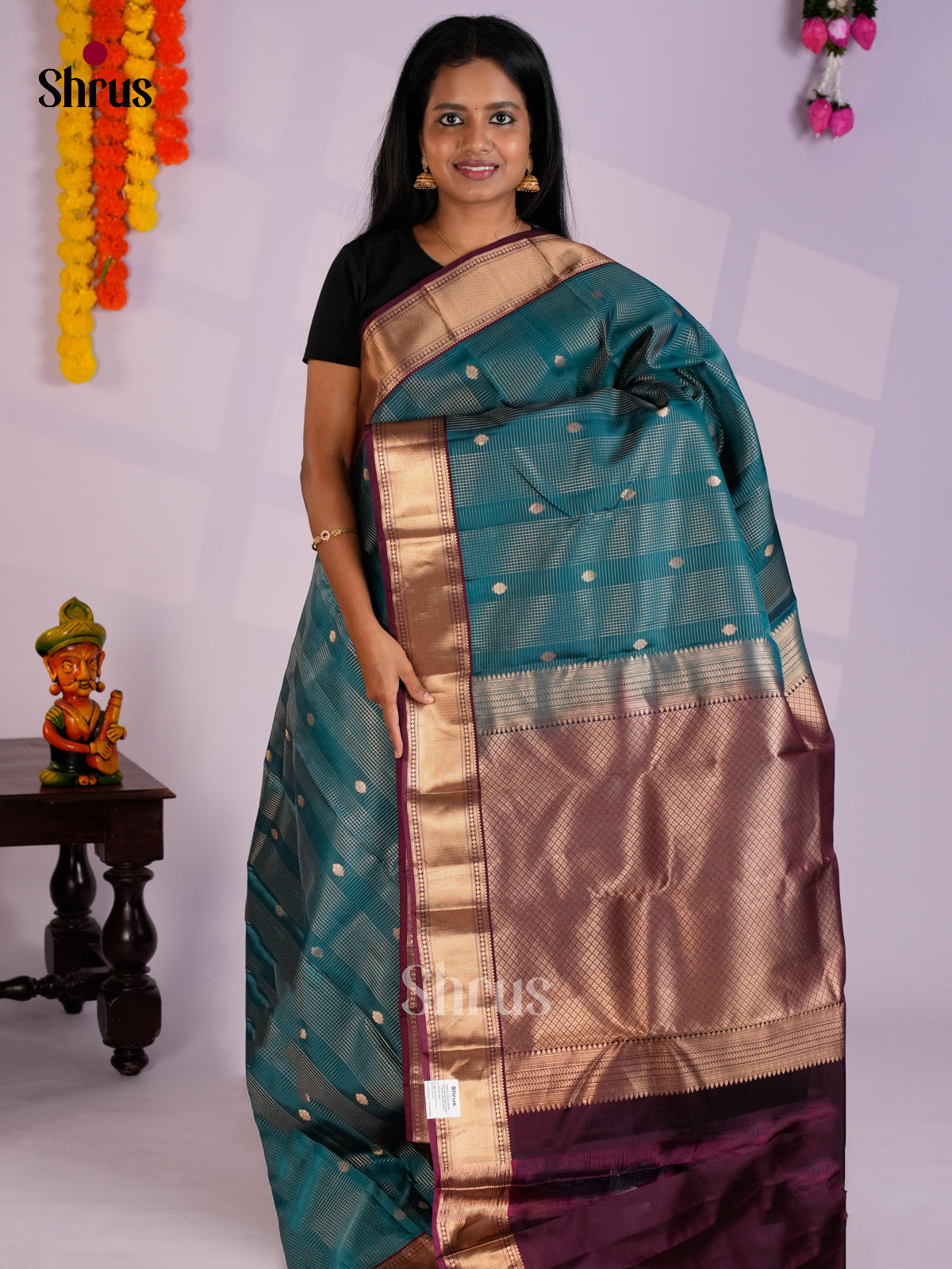 Blue & Wine Kanchipuram-halfpure Saree- EAS12348 - - Shop on Shrus.com