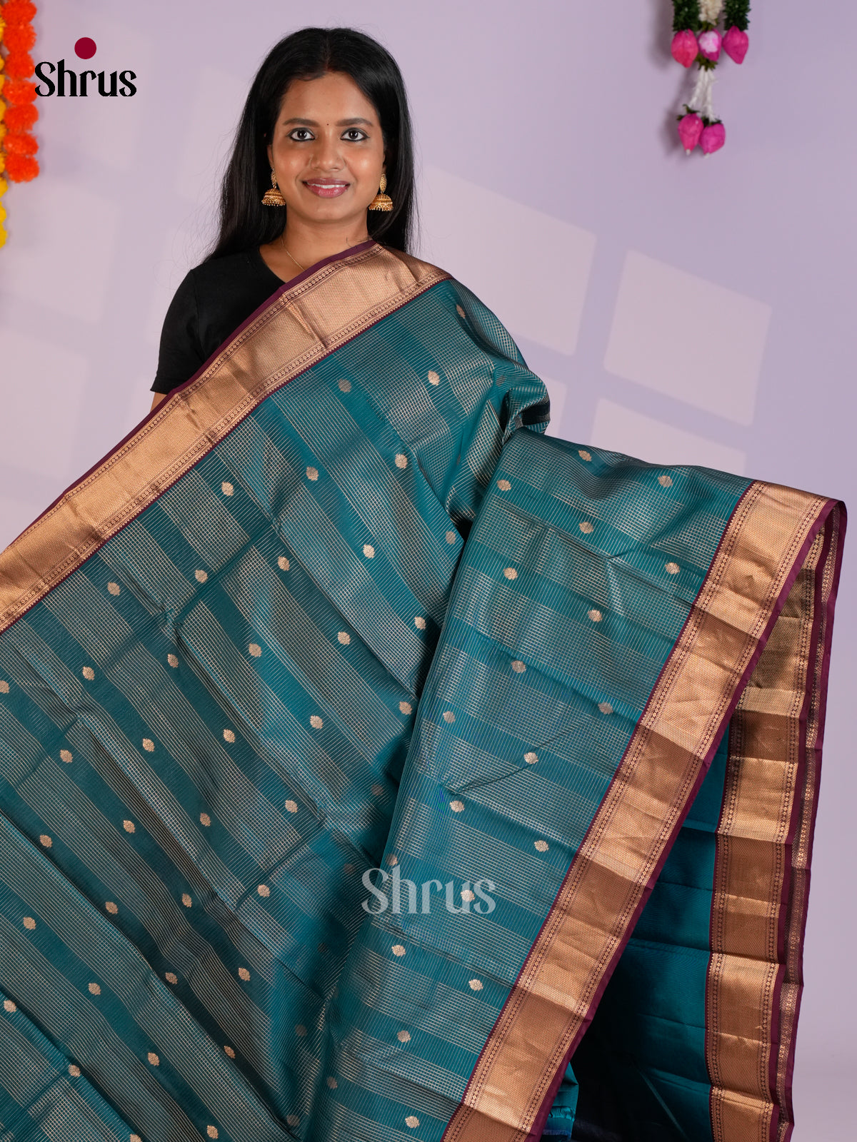 Blue & Wine Kanchipuram-halfpure Saree- EAS12348 - - Shop on Shrus.com