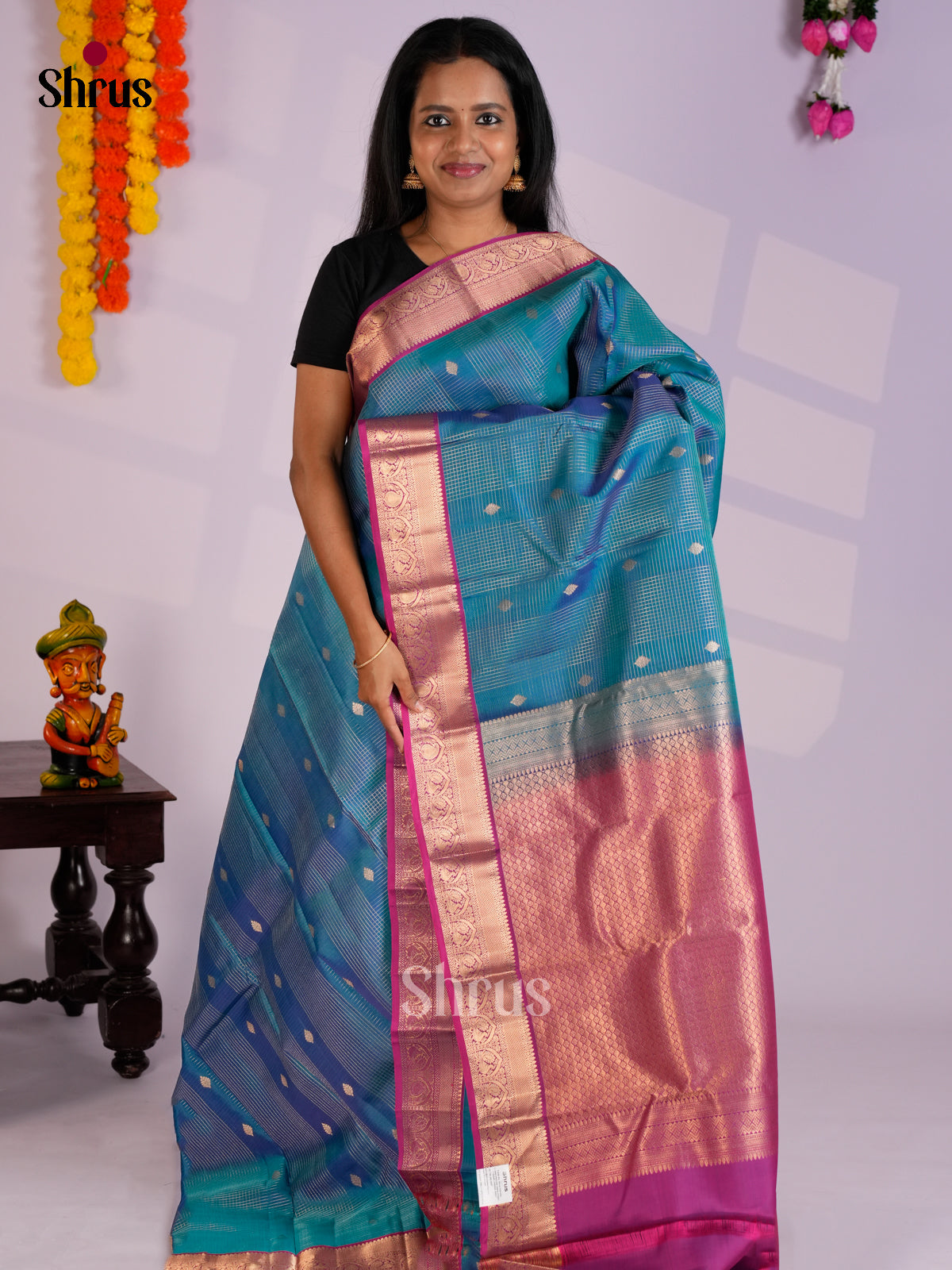 Blue & Purple- Kanchipuram-halfpure Saree - EAS12349 - Shop on Shrus.com