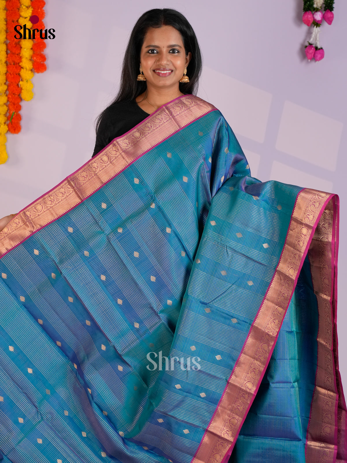 Blue & Purple- Kanchipuram-halfpure Saree - EAS12349 - Shop on Shrus.com
