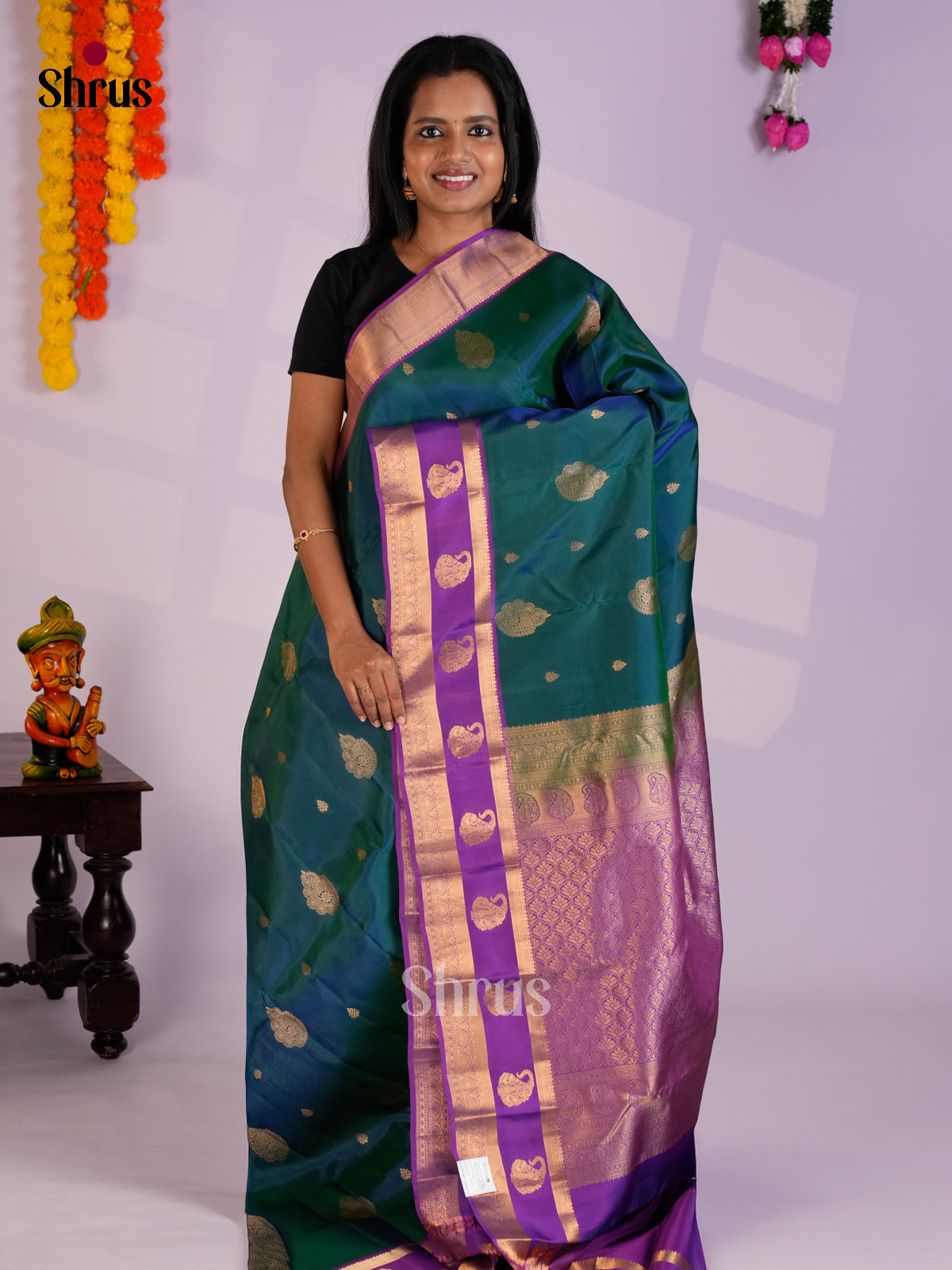 Peacock Green & Purple - Kanchipuram-halfpure Saree- EAS12351 - Shop on Shrus.com