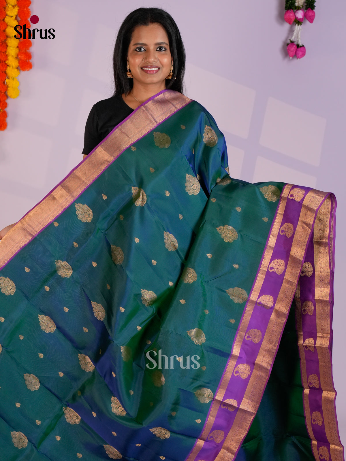 Peacock Green & Purple - Kanchipuram-halfpure Saree- EAS12351 - Shop on Shrus.com