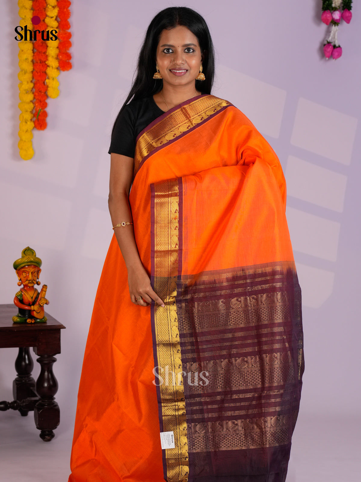 Buy Orange Plain Cotton Silk Saree With Traditional Brown Zari Border